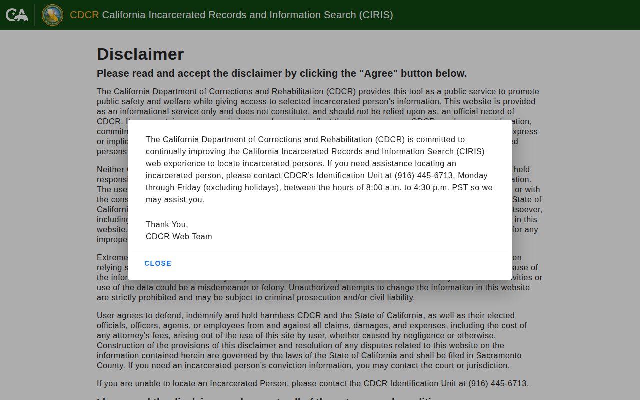 CDCR CIRIS search for Tehama County released inmate records