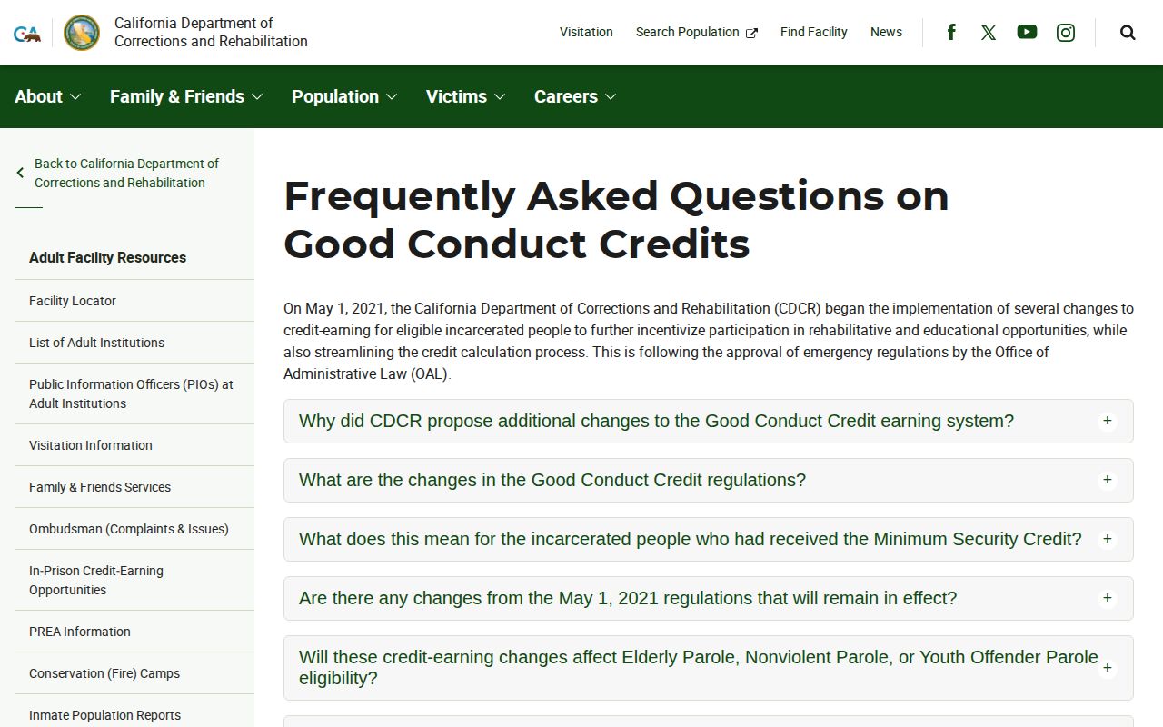 California good conduct credit information for Tehama County release date lookup