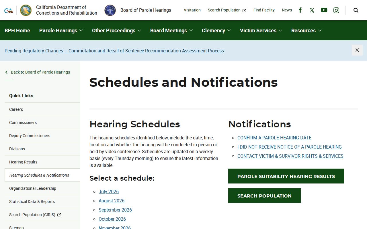 Tehama County parole hearing schedule for post-release supervision research